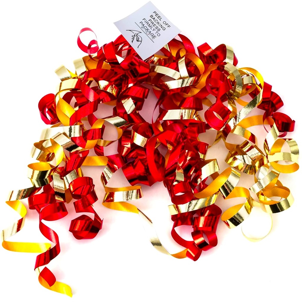 20 BOWS - RED/GOLD 3 INCH WIDE CURLY BOWS SELF STICKING BACK - QUANTITY OF 20